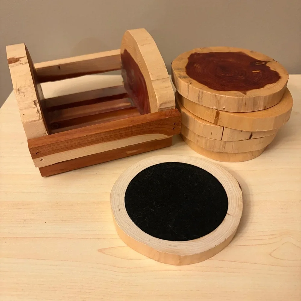 Unique One of a Kind Cedar Wood Coaster Set  Holder Rustic Live Edge‎ Log Slice